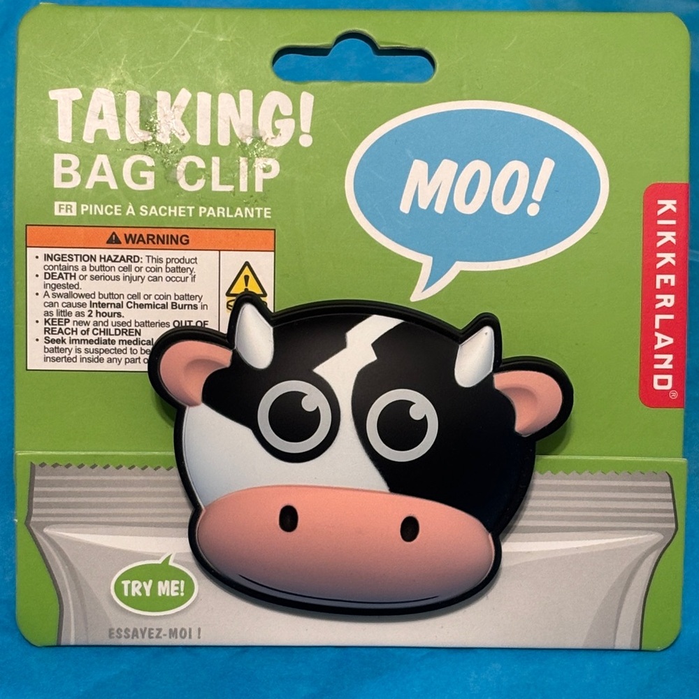 NWT Kikkerland Black and White Talking Dairy Cow Bag Clip